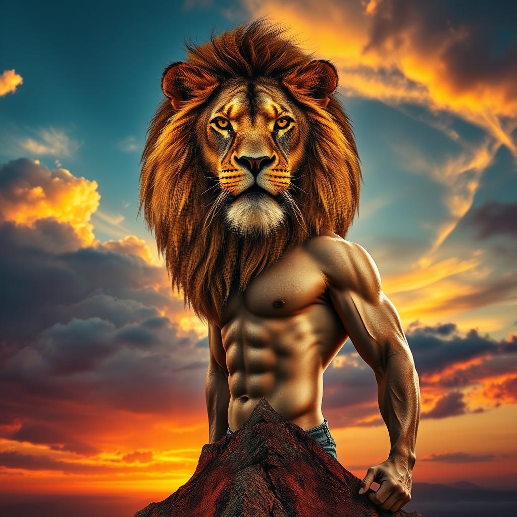 A surreal image juxtaposing the head of a majestic lion entwined with intricate golden patterns onto the body of a strong, athletic man posed in a hero-like stance atop a mountain peak during a vibrant sunset, with clouds casting a dramatic wash of colors across the sky