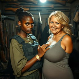 In a dimly lit shack filled with weapons, a young black African woman, very petite and undernourished, 25 years old, has very dark skin and a fierce, angry expression