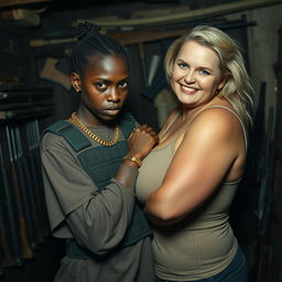 In a dimly lit shack filled with weapons, a young black African woman, very petite and undernourished, 25 years old, has very dark skin and a fierce, angry expression