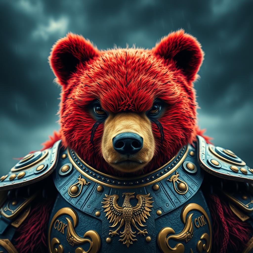 A fierce red bear dressed in ornate golden and blue armor gazes intensely with a slightly plush-like face, framed closely against a stormy background
