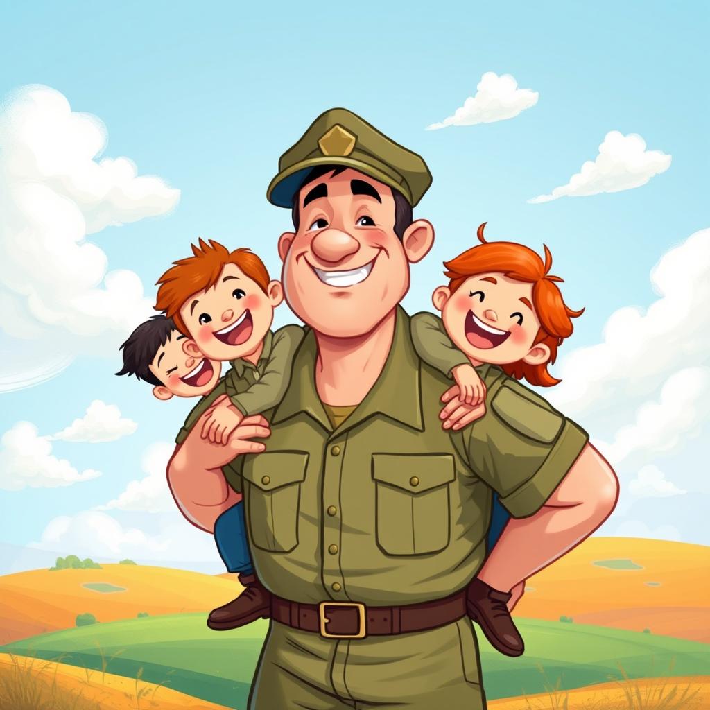 A whimsical children's book style illustration featuring a strong, mature military man with a kind smile, confidently carrying multiple fellow soldiers on his back