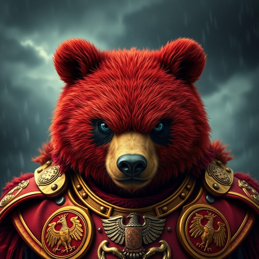 A fierce red bear dressed in ornate golden and red armor gazes intensely with a slightly sweeter yet still menacing expression, framed against a stormy background