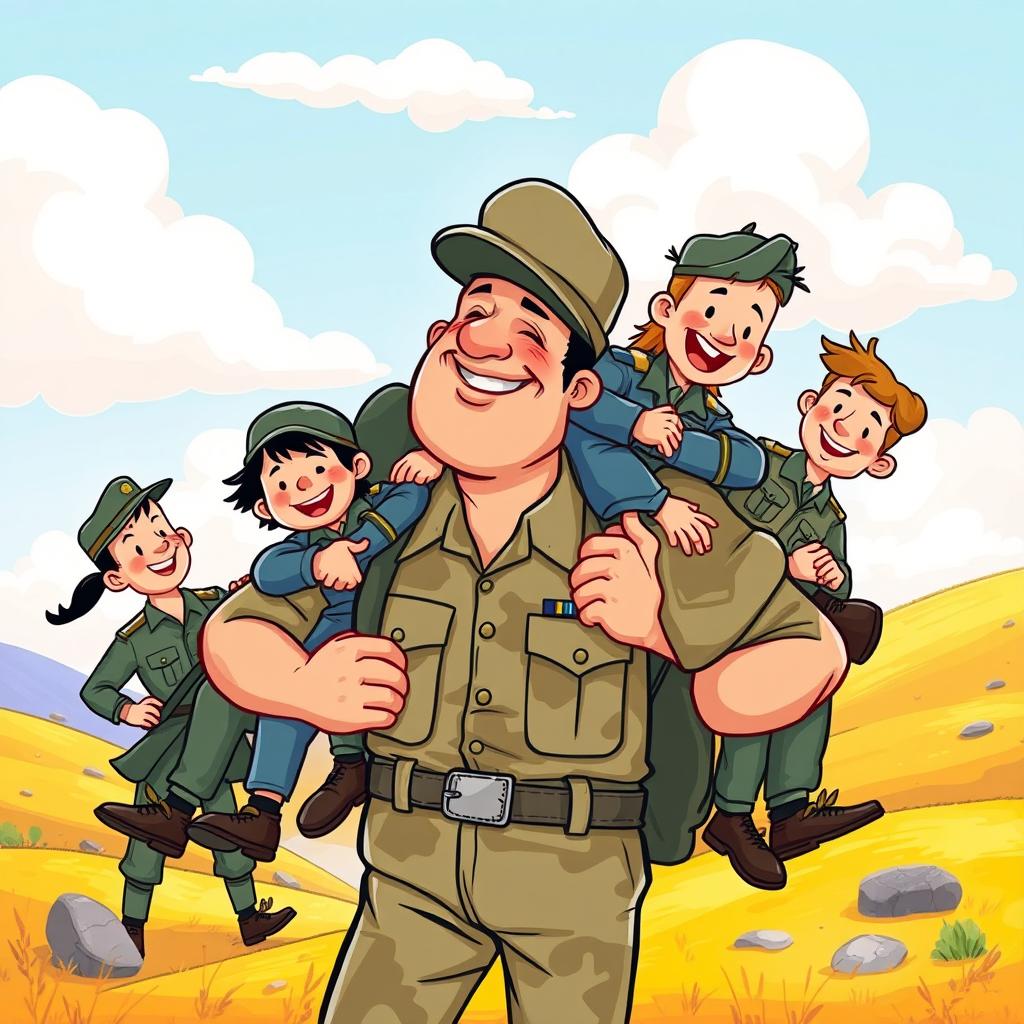 A whimsical children's book style illustration featuring a strong, mature military man with a kind smile, confidently carrying several fellow soldiers on his back