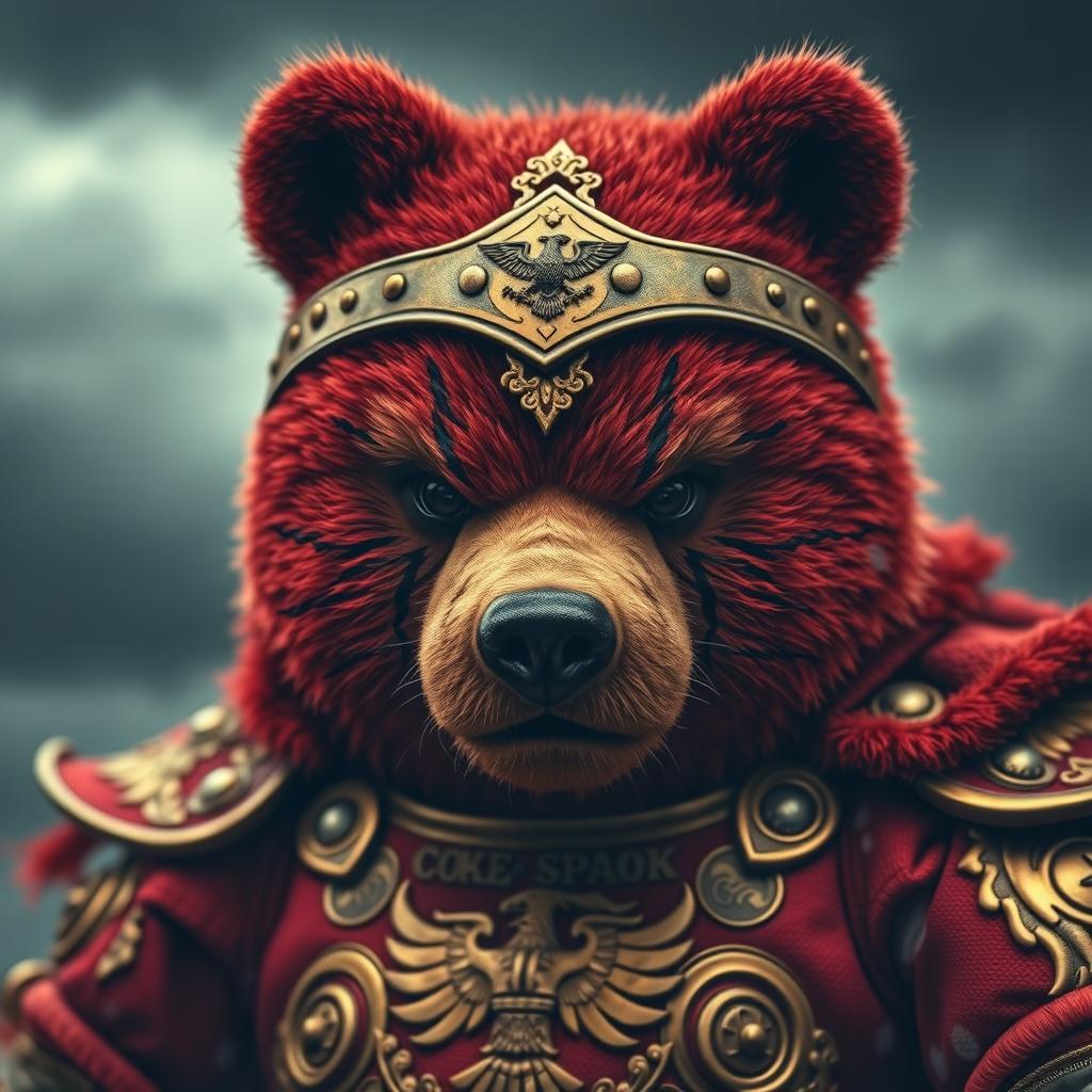 A fierce red bear dressed in ornate golden and red armor gazes intensely with a plush-like face, framed closely against a stormy background