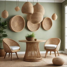 Upgrade the store gallery room with woven water hyacinth and seagrass baskets, bamboo chairs, rattan pendant lights, a futuristic teak wood table and round wall decor. Each item individually highlights an artisanal, natural aesthetic.