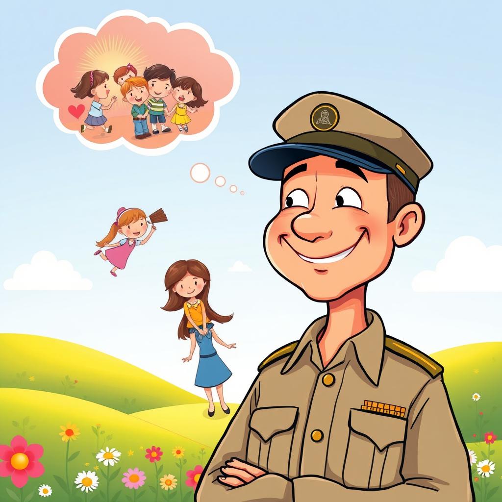 A charming children's book style illustration of a mature military man with a warm smile, standing proudly with a thought bubble above his head