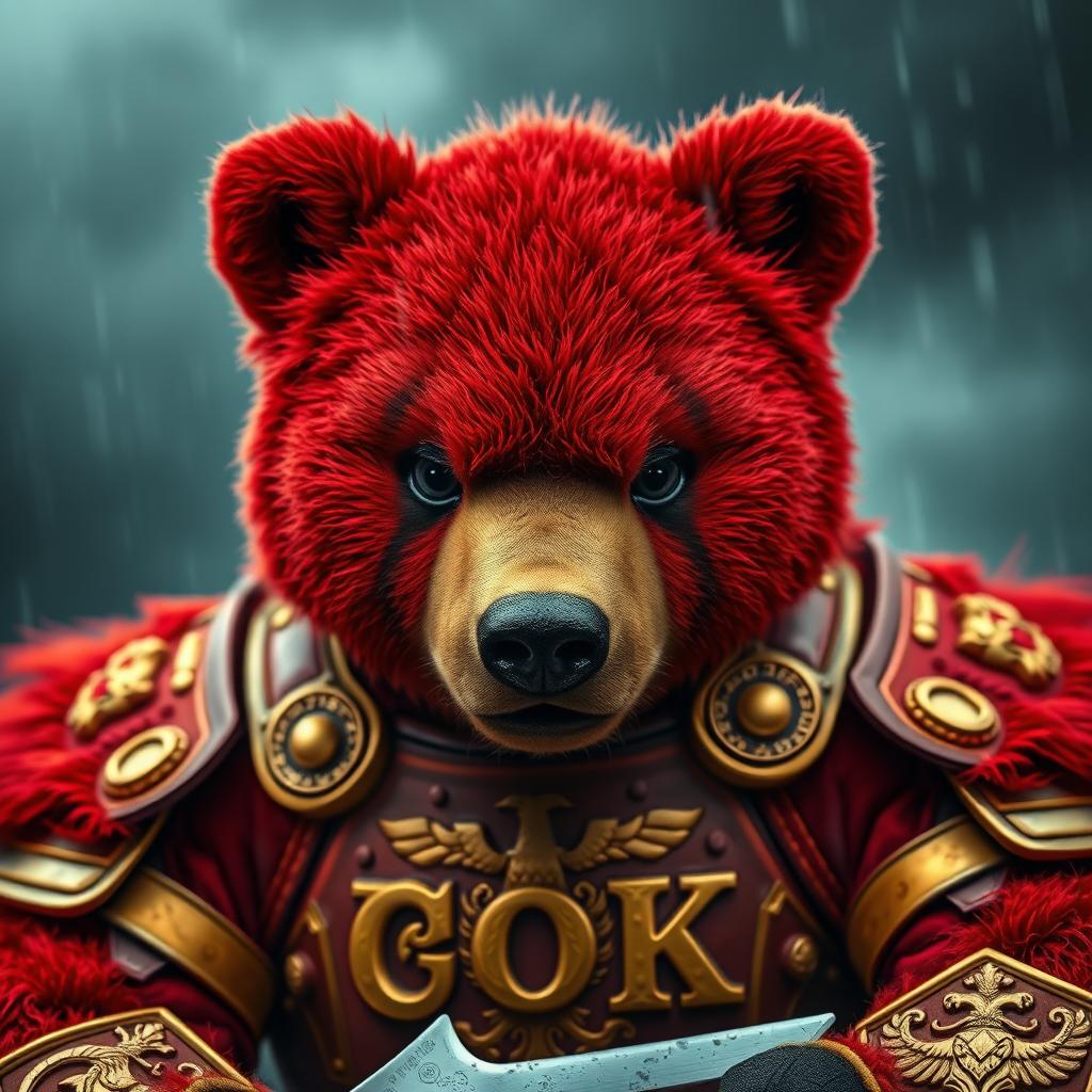A fierce red bear dressed in ornate golden and red armor gazes intensely with a plush-like face, framed closely against a stormy background
