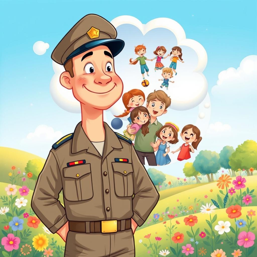 A delightful children's book style illustration depicting a mature military man standing proudly with a big thought bubble above his head
