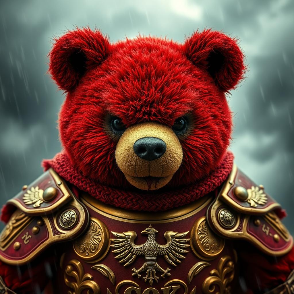 A fierce red bear dressed in ornate golden and red armor gazes intensely, its head resembling that of a plush teddy bear, soft and cuddly yet still maintaining a slightly menacing expression, framed against a stormy background