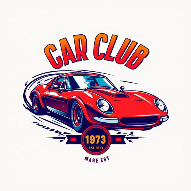 A vibrant and eye-catching t-shirt design for a car club, featuring a stylized illustration of a classic sports car in motion, with dynamic lines suggesting speed and energy