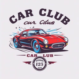 A vibrant and eye-catching t-shirt design for a car club, featuring a stylized illustration of a classic sports car in motion, with dynamic lines suggesting speed and energy