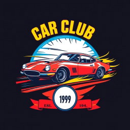 A vibrant and eye-catching t-shirt design for a car club, featuring a stylized illustration of a classic sports car in motion, with dynamic lines suggesting speed and energy