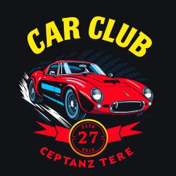 A vibrant and eye-catching t-shirt design for a car club, featuring a stylized illustration of a classic sports car in motion, with dynamic lines suggesting speed and energy