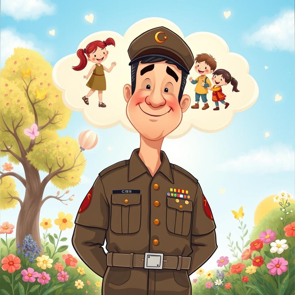 A heartwarming children's book style illustration featuring a mature military man standing with a proud and loving expression, his eyes filled with affection