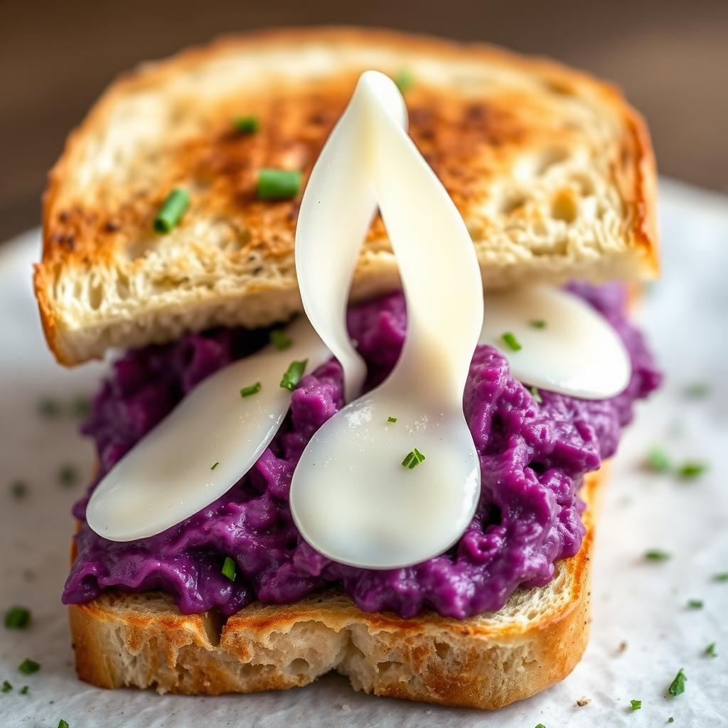A visually striking sandwich slice filled with mashed purple sweet potatoes, showcasing a delicate stretch of thin mozzarella cheese