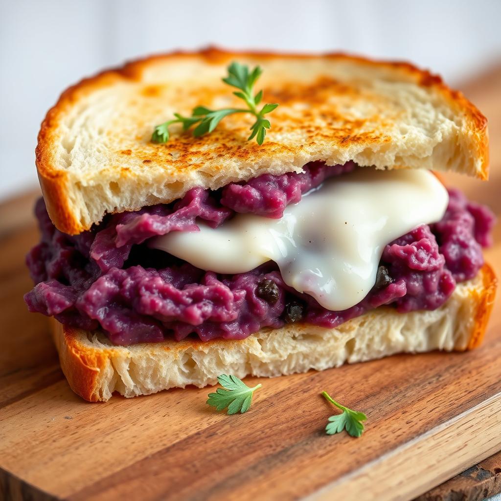 An enticing sandwich slice featuring mashed purple sweet potatoes, complemented by a slight stretch of melted mozzarella cheese