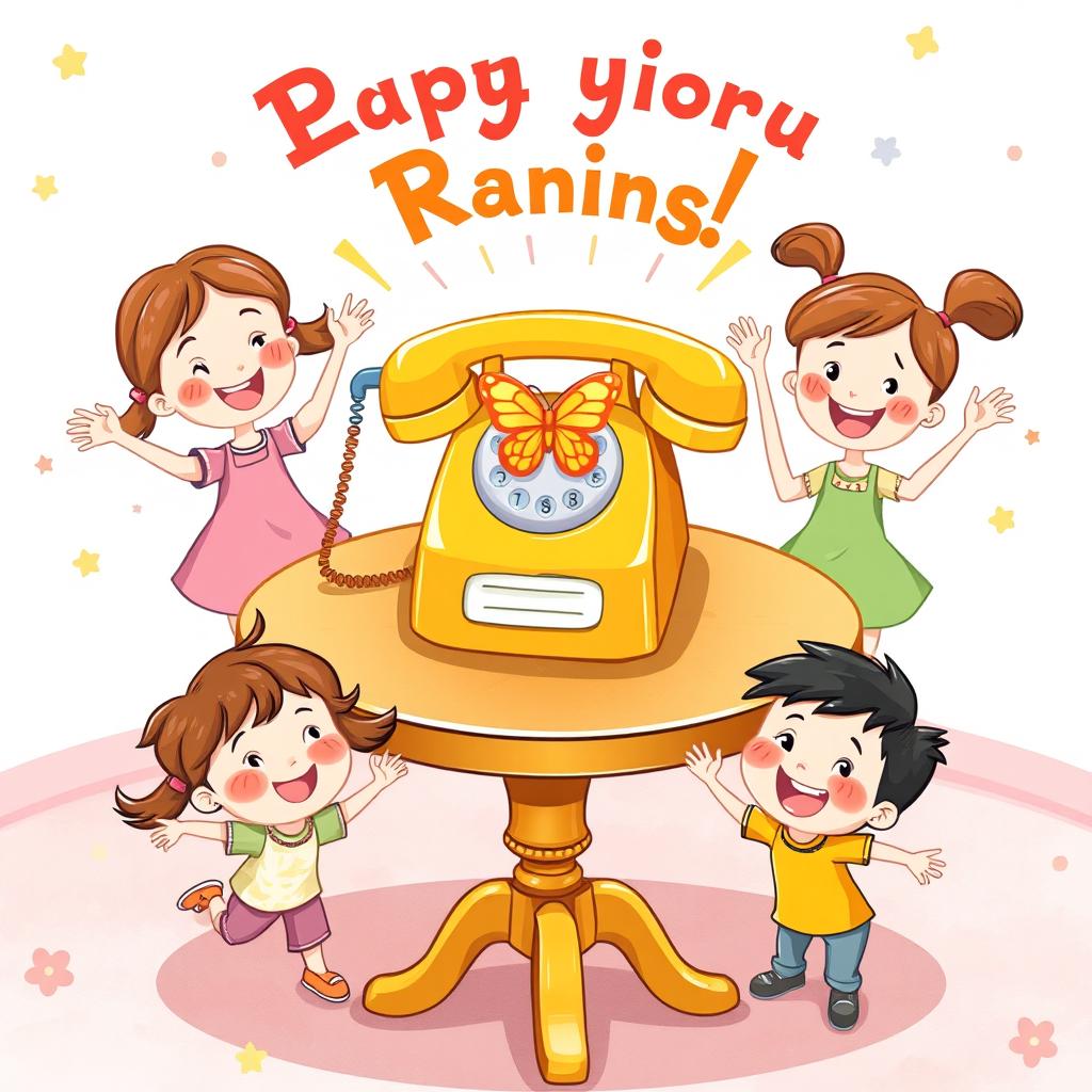 A delightful children’s book style illustration featuring a cheerful round table at the center of the scene, with a brightly colored vintage telephone ringing