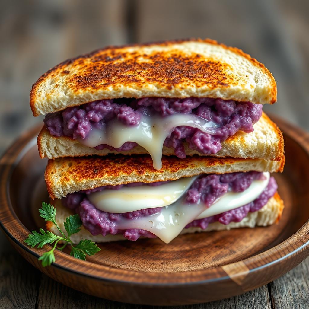 A delectable sandwich featuring two slices of bread, each filled with a generous portion of mashed purple sweet potatoes, complemented by a slight stretch of melted mozzarella cheese