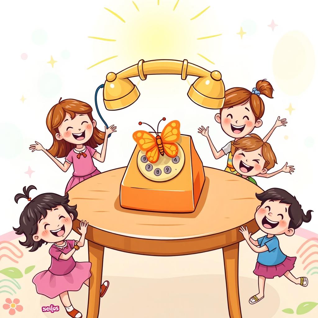 A colorful children's book illustration showing a round table at the center of the page, with a vintage telephone ringing joyfully