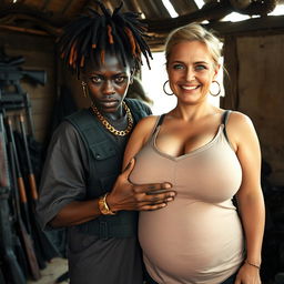 In a makeshift shack filled with weapons, a very short and malnourished 25-year-old black African woman with deep black skin displays an intense and angry expression