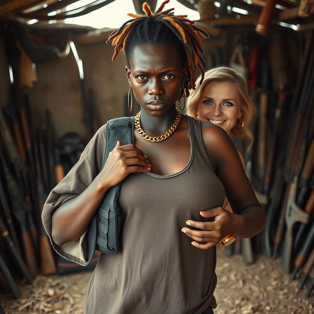 In a makeshift shack filled with weapons, a very short and malnourished 25-year-old black African woman with deep black skin displays an intense and angry expression