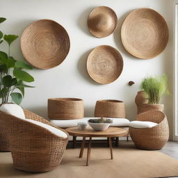 Create a gallery-like store filled with baskets made from water hyacinth and seagrass, bamboo chairs, a futuristic teak wood table and round wall decor, combining natural elements with forward-thinking design.