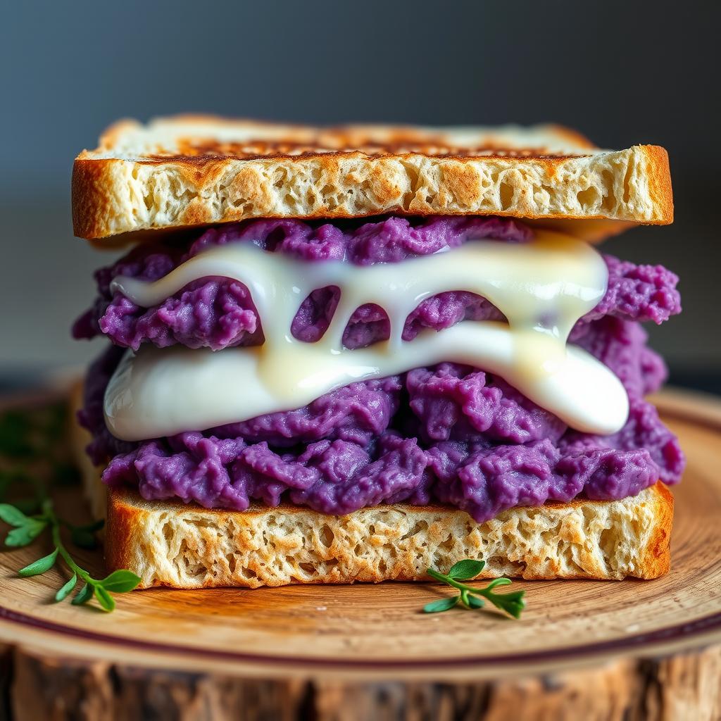 A delightful sandwich composed of two square slices of bread, each generously filled with mashed purple sweet potatoes and featuring a slight stretch of melted mozzarella cheese