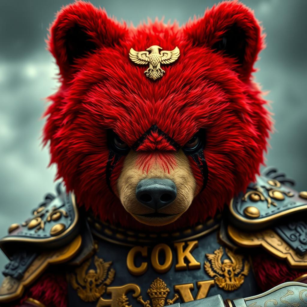 A fierce red bear dressed in ornate golden and black armor gazes intensely with a plush-like face, framed closely against a stormy background