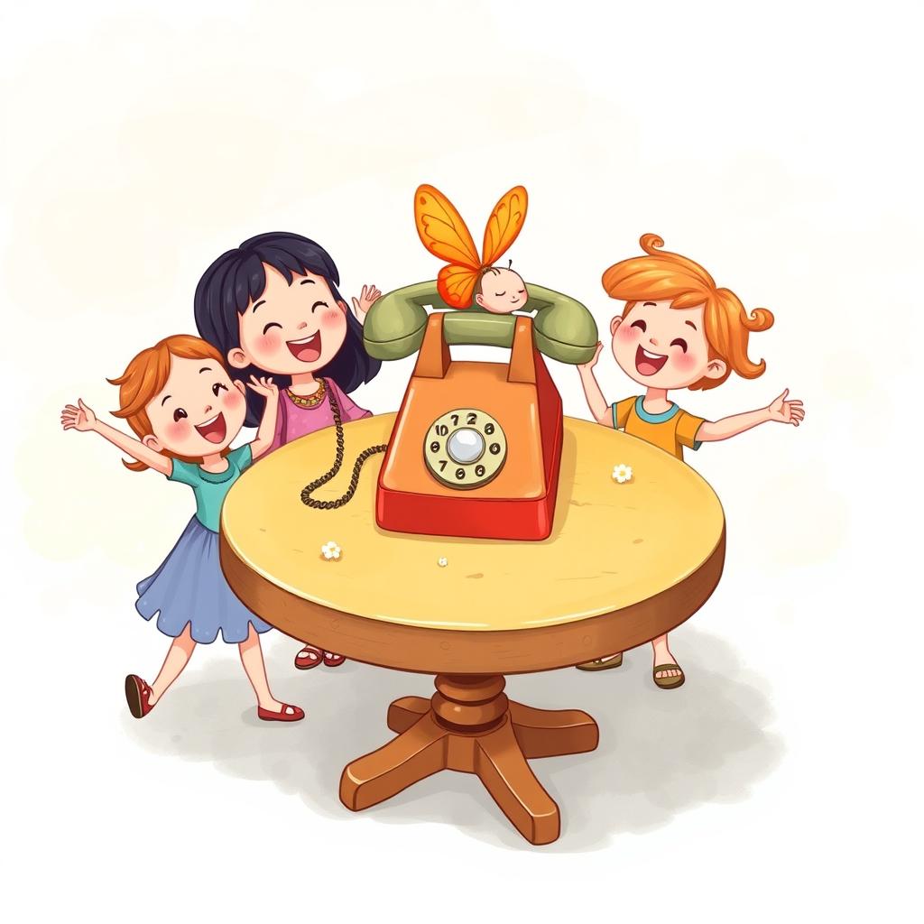 A vibrant children's book illustration depicting a round table at the center of the scene, with a charming vintage telephone ringing loudly