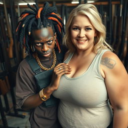 In a shack filled with weapons, a very short and malnourished 25-year-old black African woman with deep black skin displays an angry expression