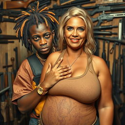 In a shack filled with weapons, a very short and malnourished 25-year-old black African woman with deep black skin displays an angry expression