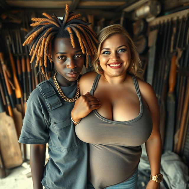 In a shack filled with weapons, a very short and malnourished 25-year-old black African woman with deep black skin displays an angry expression