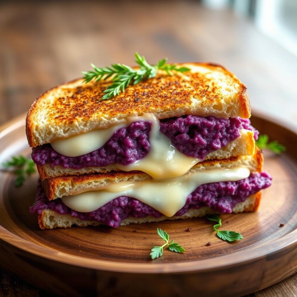 A delicious sandwich made of two slices of bread, each filled with a generous amount of mashed purple sweet potatoes, enhanced by a slight stretch of melted mozzarella cheese