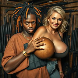 In a shack filled with weapons, a very short and malnourished 25-year-old black African woman with deep black skin displays an angry expression