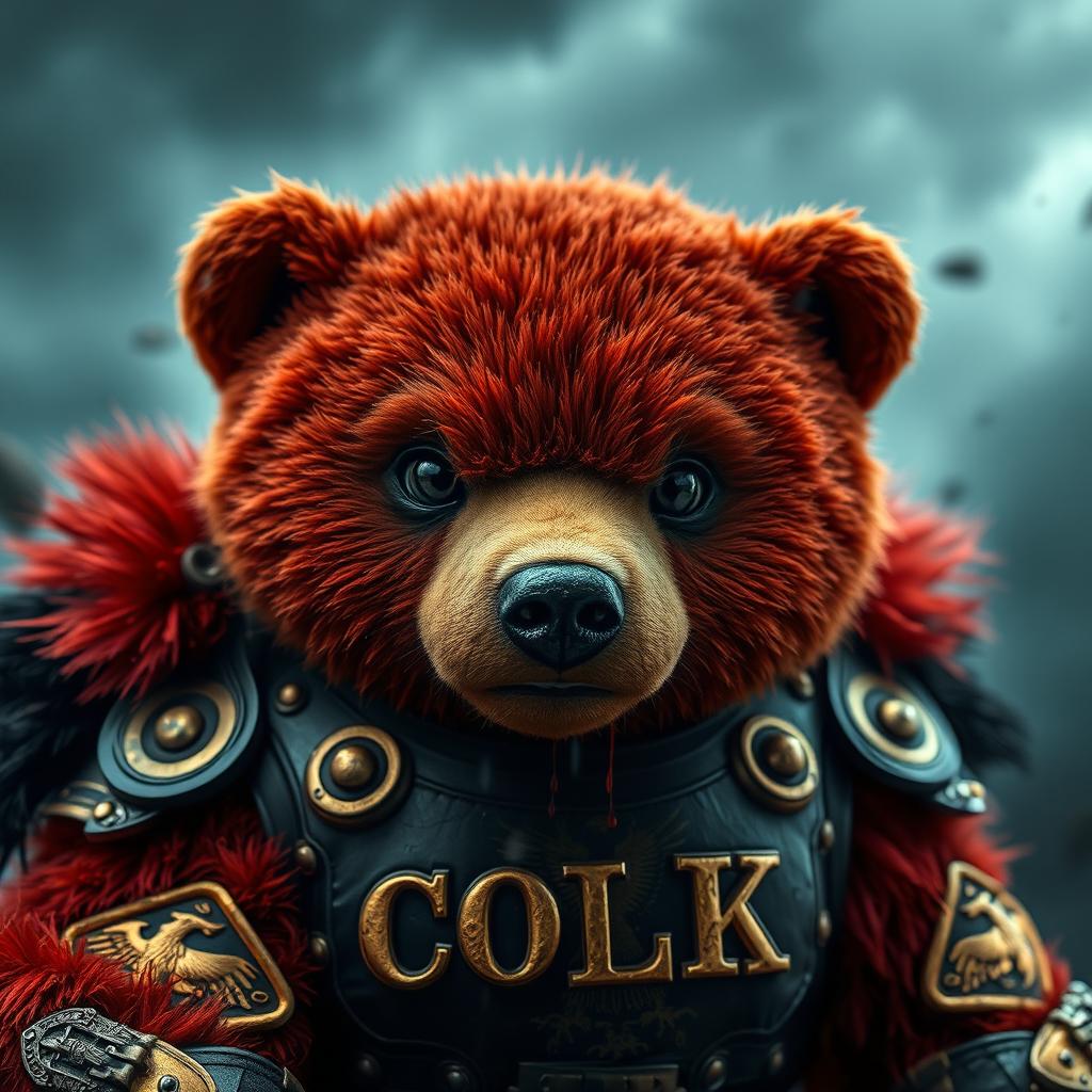 A fierce red bear dressed in ornate golden and black armor gazes intensely with a plush-like face, framed closely against a stormy background
