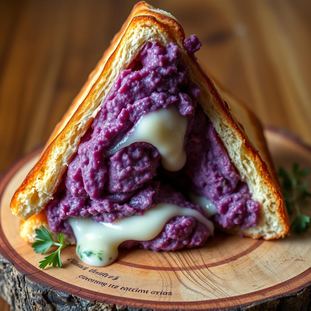 A tempting triangular sandwich made of two slices of bread, each filled with creamy mashed purple sweet potatoes and a hint of melted mozzarella cheese that creates a delightful stretch
