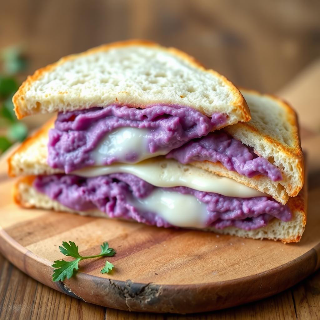 A delectable triangular sandwich made of two slices of bread, each filled with creamy mashed purple sweet potatoes complemented by a subtle stretch of melted mozzarella cheese