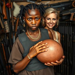 In a chaotic shack filled with an array of weapons, a very short and malnourished 25-year-old black African woman with deep black skin showcases an angry expression