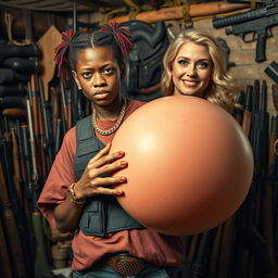 In a chaotic shack filled with an array of weapons, a very short and malnourished 25-year-old black African woman with deep black skin showcases an angry expression