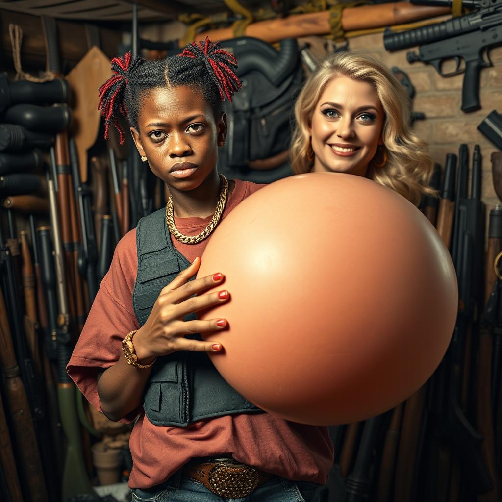 In a chaotic shack filled with an array of weapons, a very short and malnourished 25-year-old black African woman with deep black skin showcases an angry expression