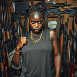 In a chaotic shack filled with an array of weapons, a very short and malnourished 25-year-old black African woman with deep black skin showcases an angry expression