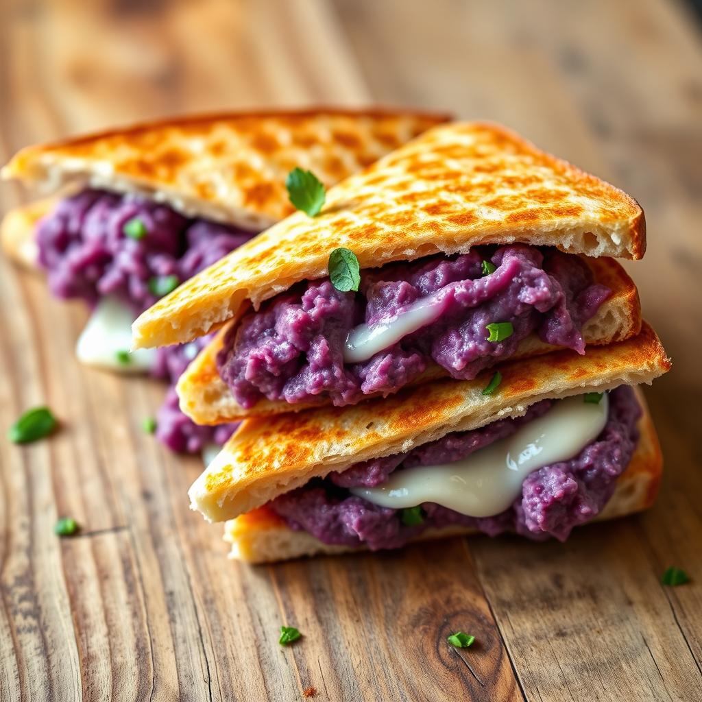 A mouthwatering sandwich featuring two triangular slices, each filled with creamy mashed purple sweet potatoes and a hint of melted mozzarella cheese that stretches deliciously