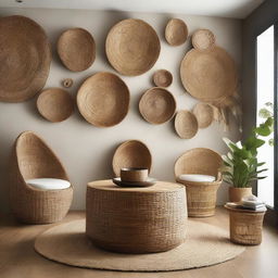 Create a gallery-like store filled with baskets made from water hyacinth and seagrass, bamboo chairs, a futuristic teak wood table and round wall decor, combining natural elements with forward-thinking design.