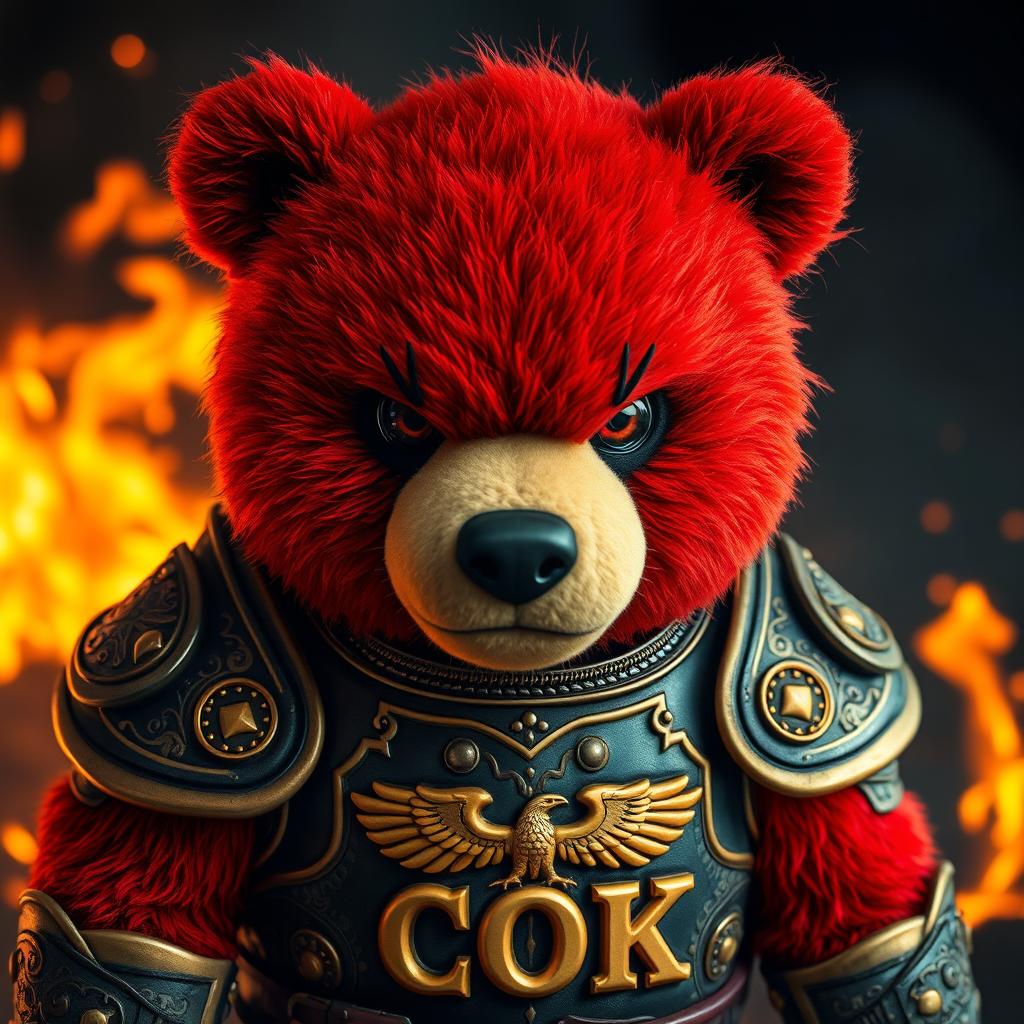A fierce red bear dressed in ornate golden and black armor gazes intensely with a plush-like face, set against a dramatic background of roaring flames and glowing embers
