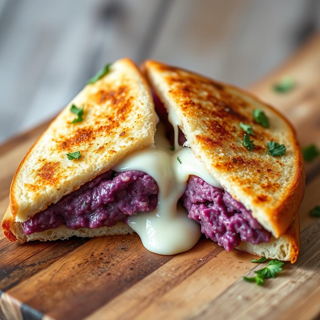 A delicious triangular sandwich filled with creamy mashed purple sweet potatoes and a touch of melted mozzarella cheese that stretches invitingly
