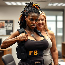 In an office setting, a very short and malnourished 25-year-old black African woman with deep black skin has an angry expression