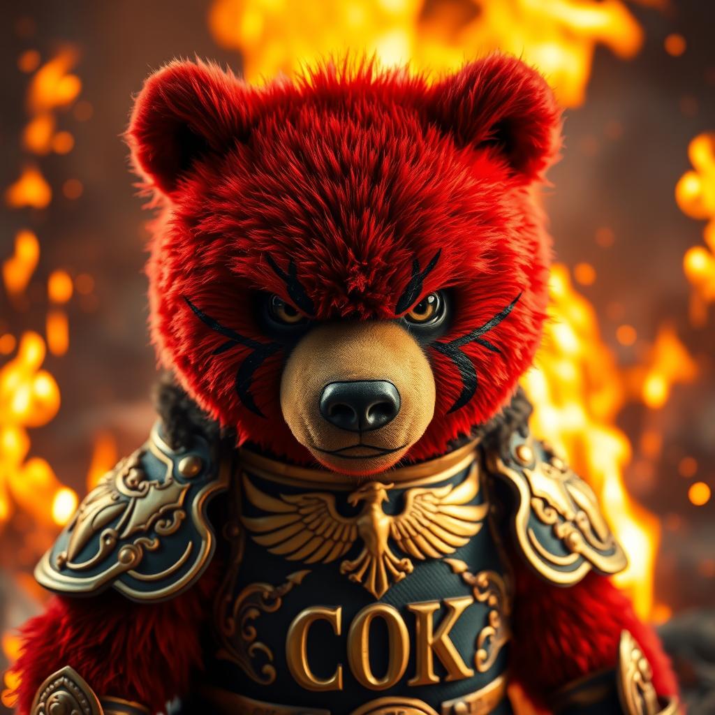 A fierce red bear dressed in ornate golden and black armor gazes intensely with a plush-like face, framed closely against a dynamic and realistic background of roaring flames and glowing embers
