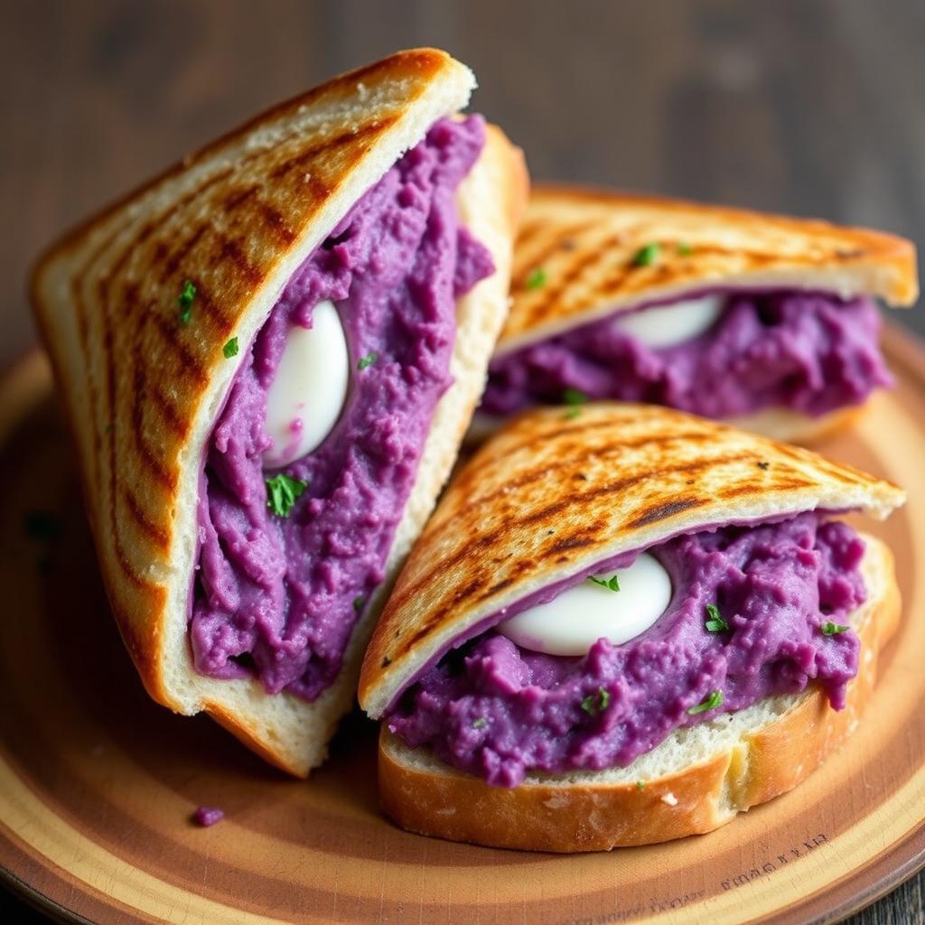 A delightful triangular sandwich filled with creamy mashed purple sweet potatoes and a modest amount of melted mozzarella cheese