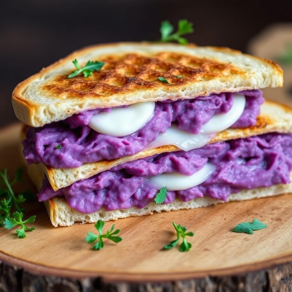 A delicious triangular sandwich filled with creamy mashed purple sweet potatoes and a slight pull of melted mozzarella cheese for an enticing stretch