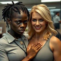 In an office environment, a very short and malnourished 25-year-old black African woman with deep black skin wears an angry expression